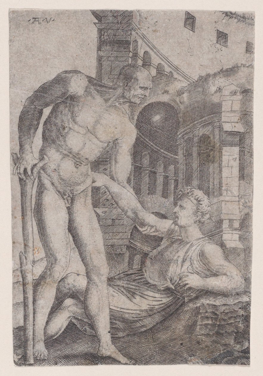 Un hombre ayudando a otro a levantarse, ca. 1514-1536 de Agostino Veneziano
