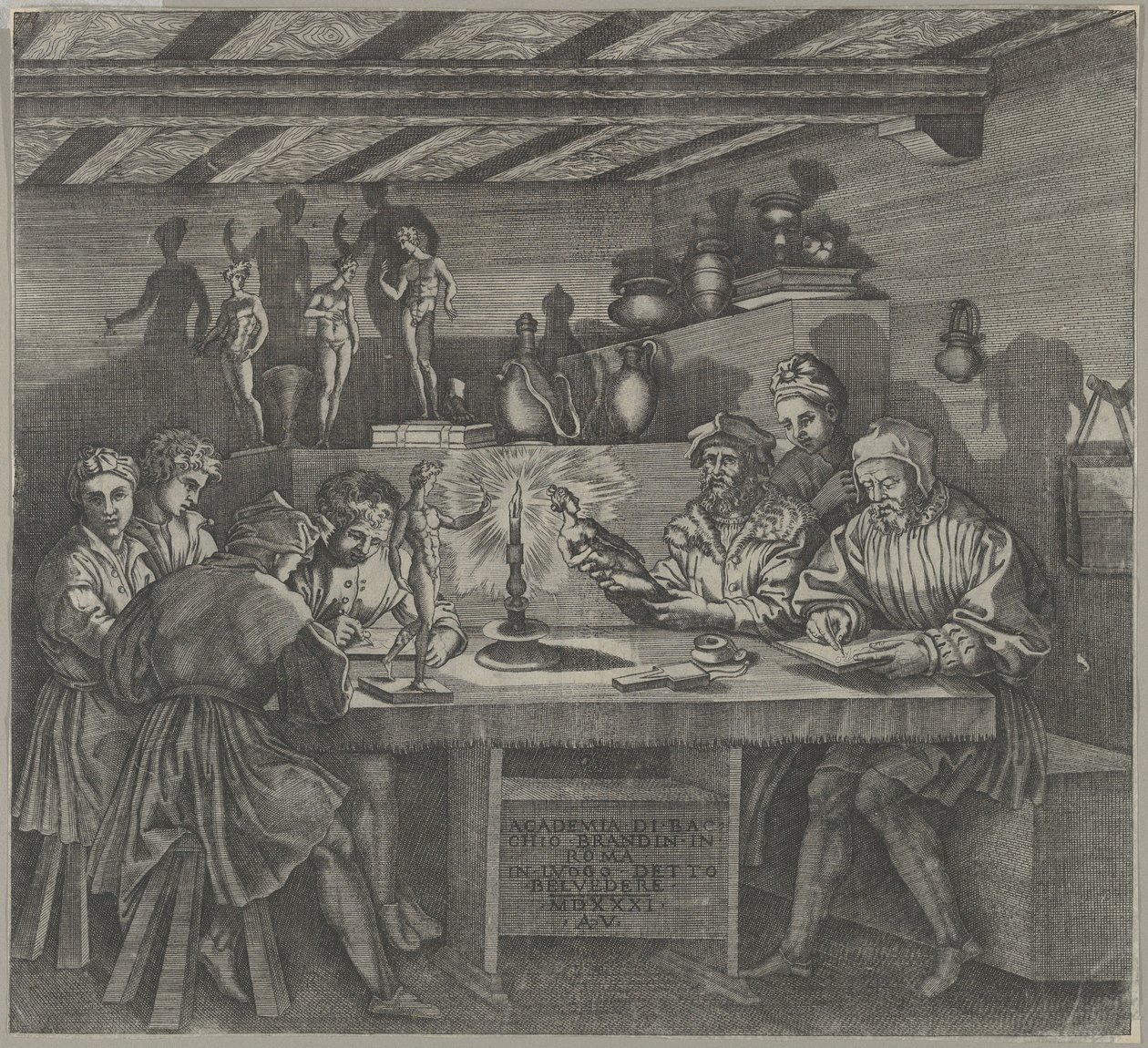 Baccio Bandinelli en su estudio sosteniendo una estatuilla de Venus, estudiantes dibujando de Agostino Veneziano