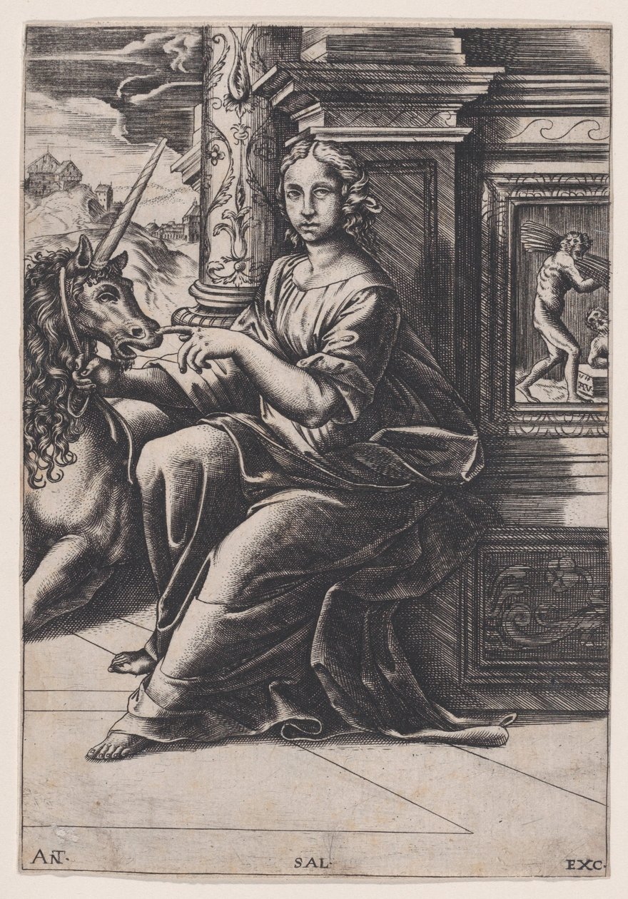 Castidad, una mujer sentada, un unicornio a su derecha, c. 1515-30 de Agostino Veneziano