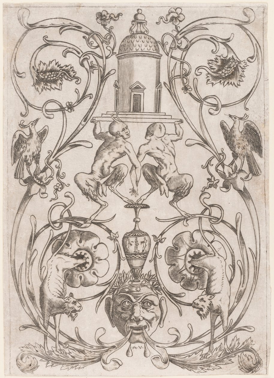 Ornamento Grotesco con Sátiros, de un conjunto de veinte paneles ornamentales de Agostino Veneziano