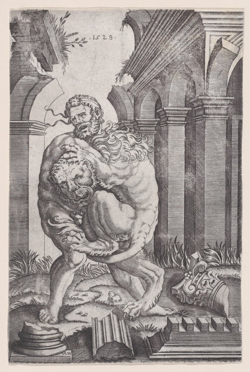 Hércules estrangulando al león de Nemea, 1528 de Agostino Veneziano