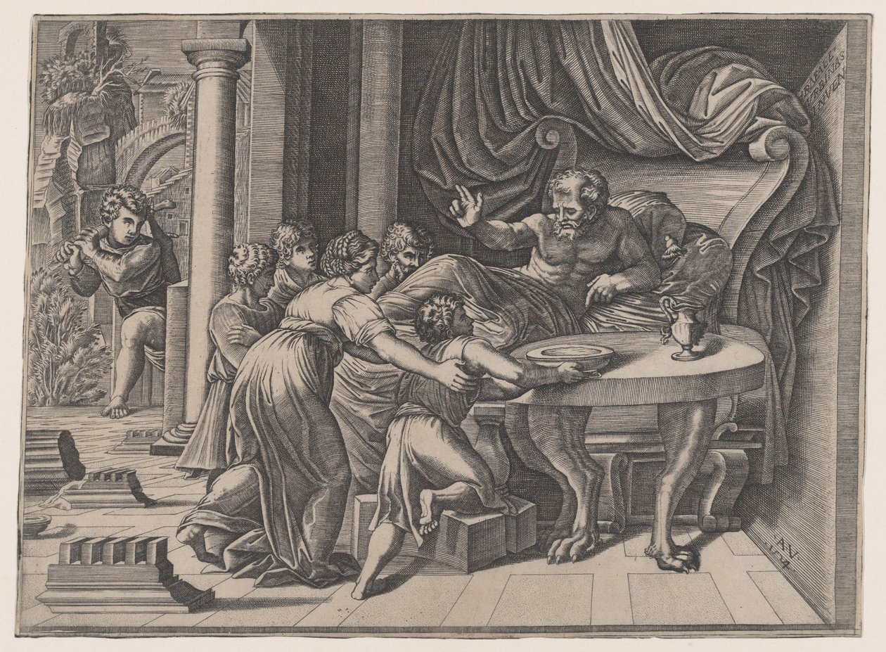 Isaac bendiciendo a Jacob, 1524 de Agostino Veneziano