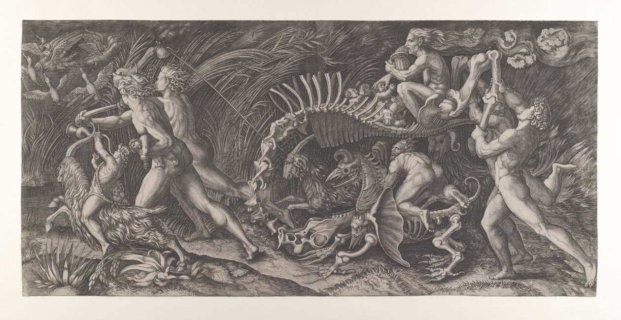 Lo Stregozzo: una bruja montando un esqueleto de animal, precedida por dos hombres de Agostino Veneziano