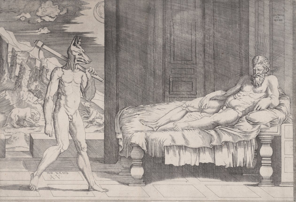Licaón transformado en lobo, fechado 1524 de Agostino Veneziano