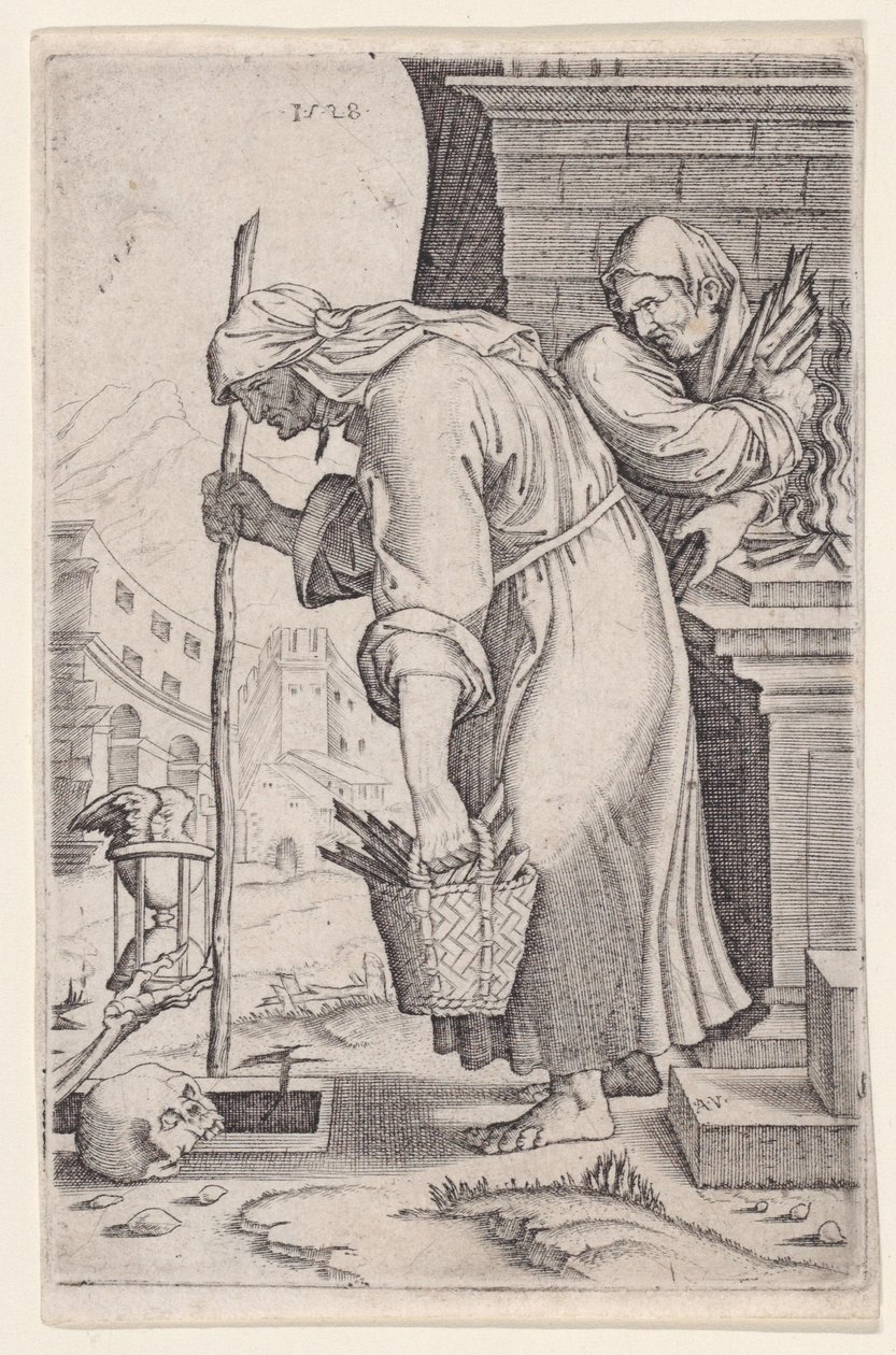 Anciana acercándose a la tumba, datado 1528 de Agostino Veneziano