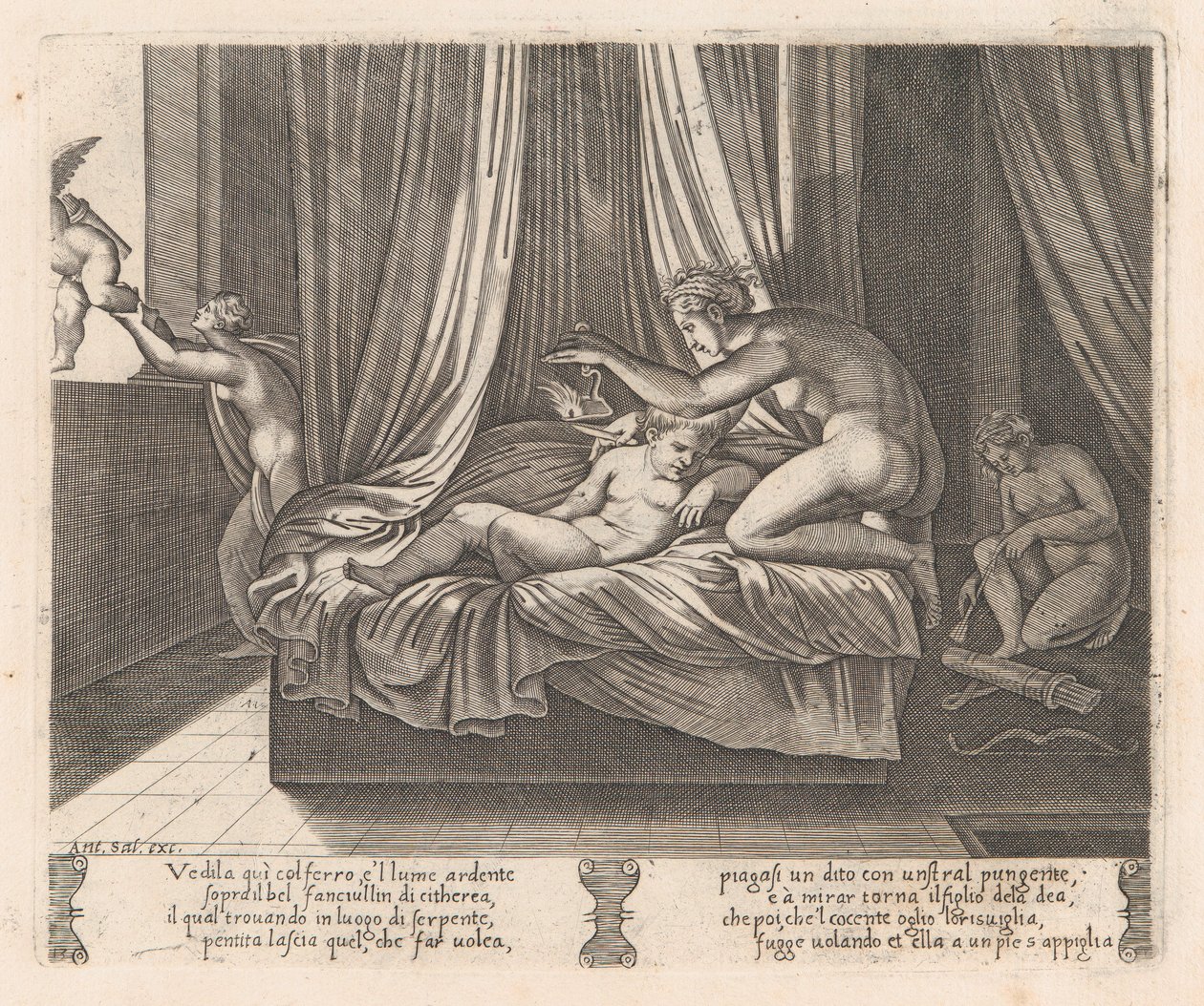 Placa 13: Psique mirando a Cupido, de la historia de Cupido y Psique contada por Apuleyo, 1530-60 de Agostino Veneziano