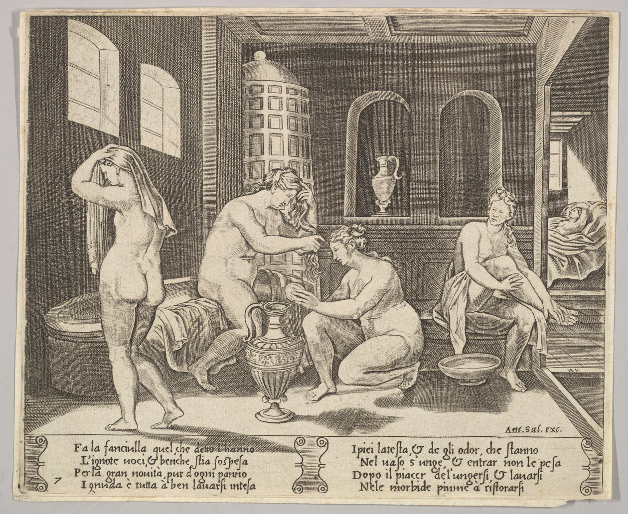 Placa 7: Psique atendida en su baño por ninfas, en el fondo a la derecha Psique repr..., ca. 1520-36 de Agostino Veneziano