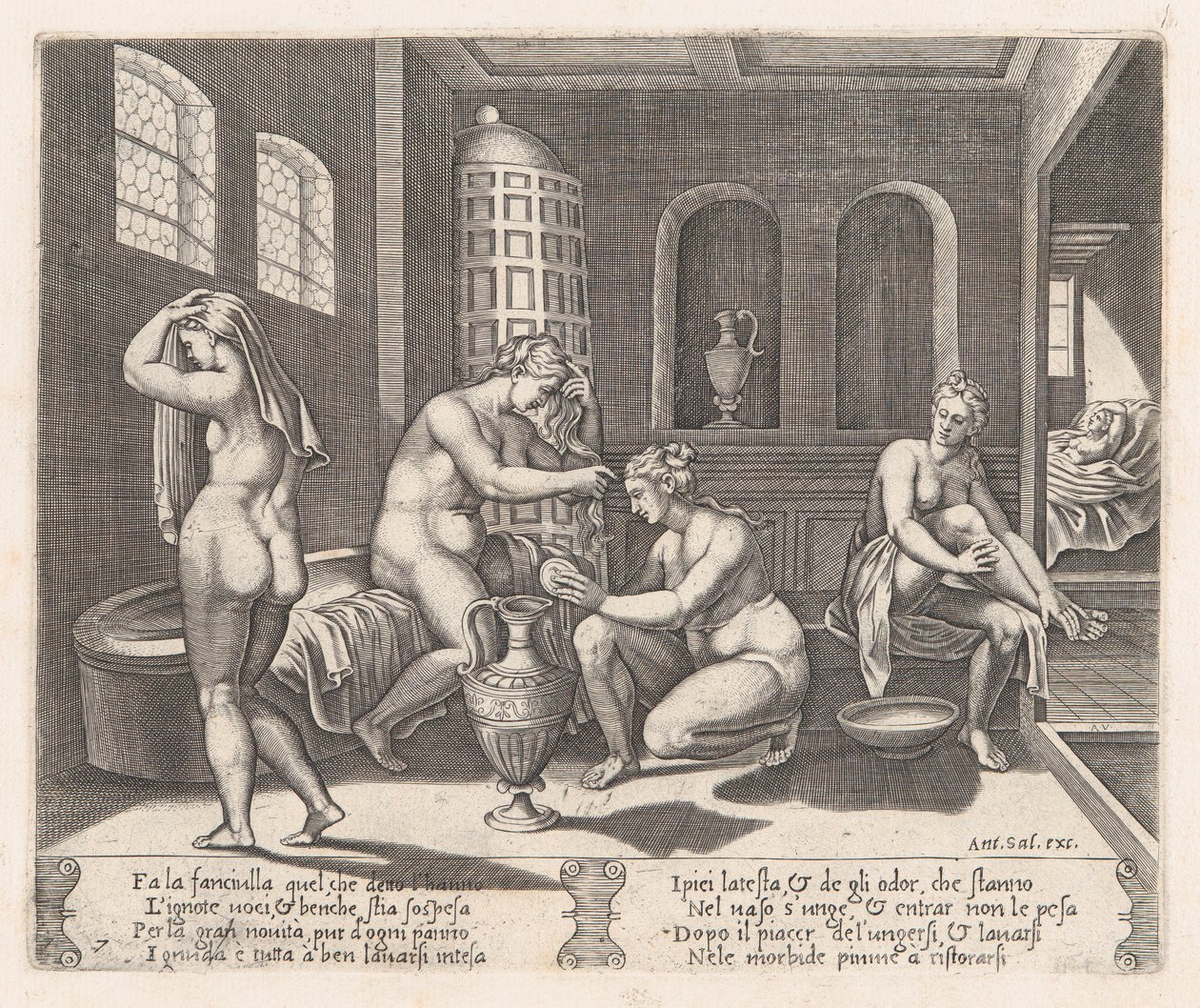 Placa 7: Psique atendida en su baño, de la Historia de Cupido y Psique contada por Apuleyo, 1530-60 de Agostino Veneziano