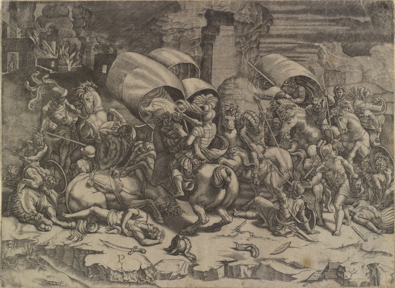La batalla entre Escipión Africano y los cartagineses ("La batalla del cuchillo") de Agostino Veneziano