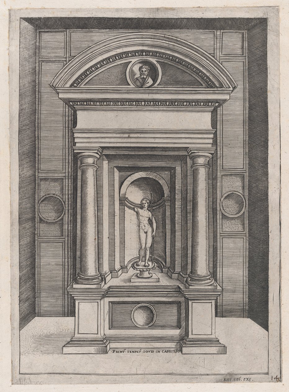 Speculum Romanae Magnificentiae: El altar de Júpiter en el templo más antiguo de la C..., ca. 1514-36 de Agostino Veneziano.