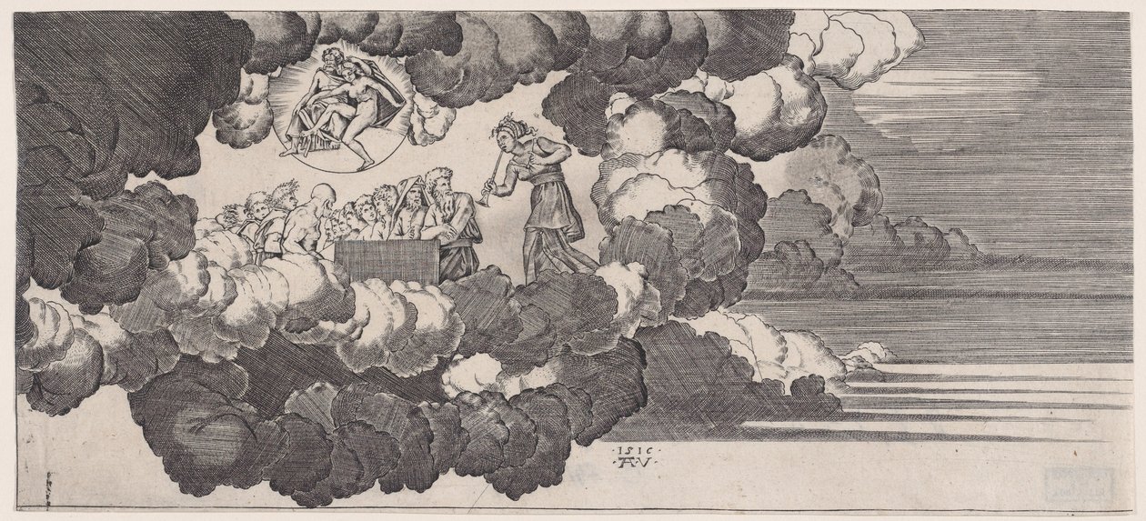 La noticia llevada al Olimpo, fechado 1516 de Agostino Veneziano