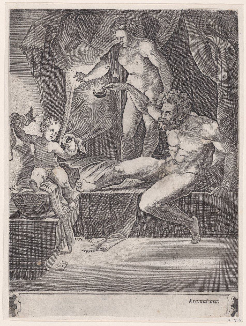 El Joven Hércules en su Cuna, fechado 1533 de Agostino Veneziano