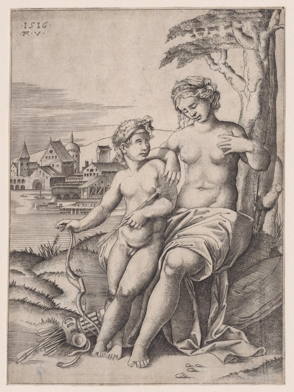 Venus y Eros, fechado 1516 de Agostino Veneziano