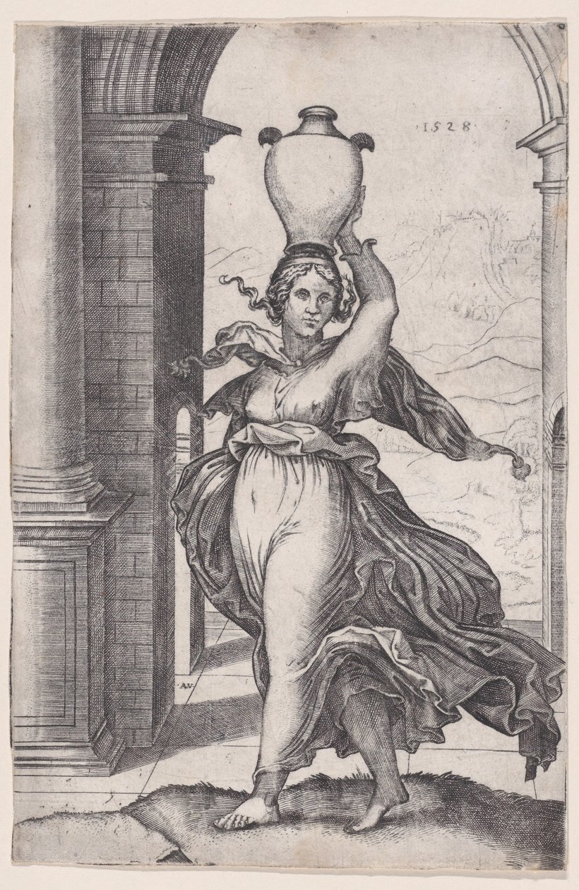 Mujer llevando un jarrón en la cabeza, 1528 de Agostino Veneziano