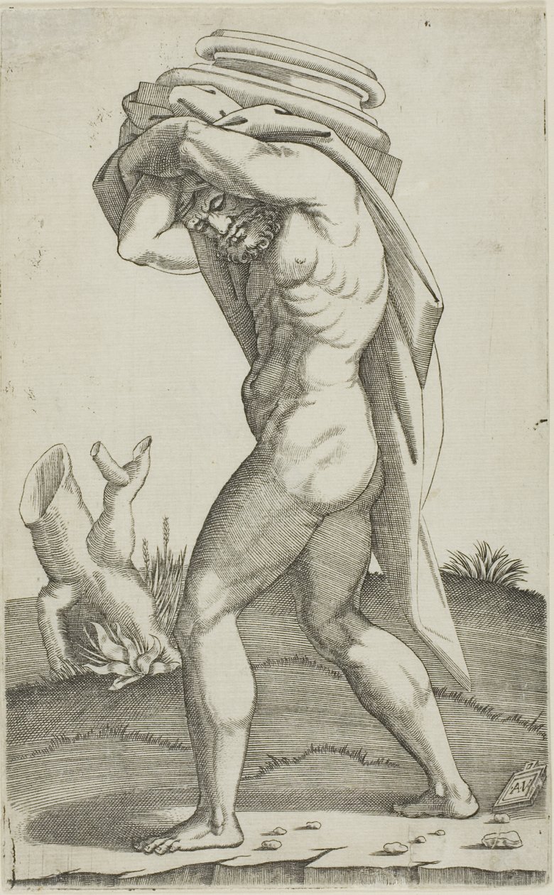 Hombre llevando la base de una columna de Agostino dei Musi