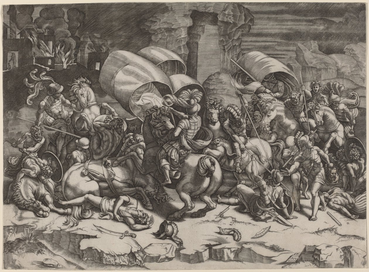 La batalla con el alfanje de Agostino dei Musi, after Giulio Romano