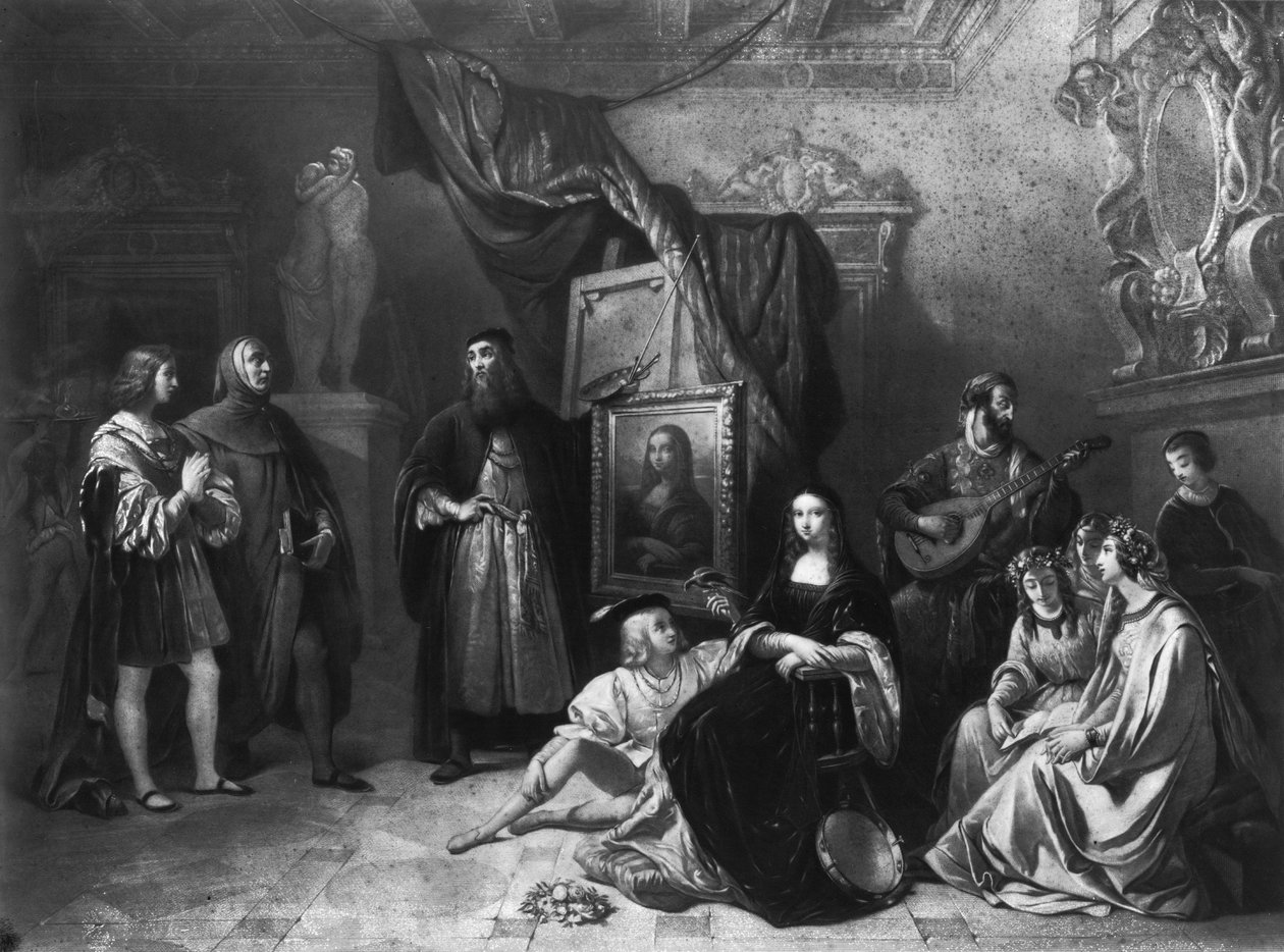 Leonardo da Vinci pintando la Gioconda, grabado por Lemoine, 1845 de Aimee Brune