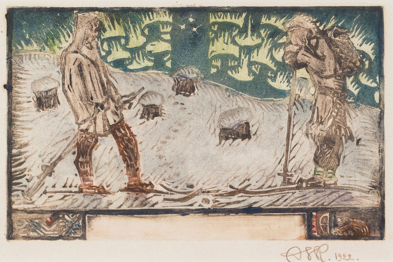 «Dos esquiadores», viñeta de portada de un poema del Gran Kalevala de Akseli Gallen-Kallela