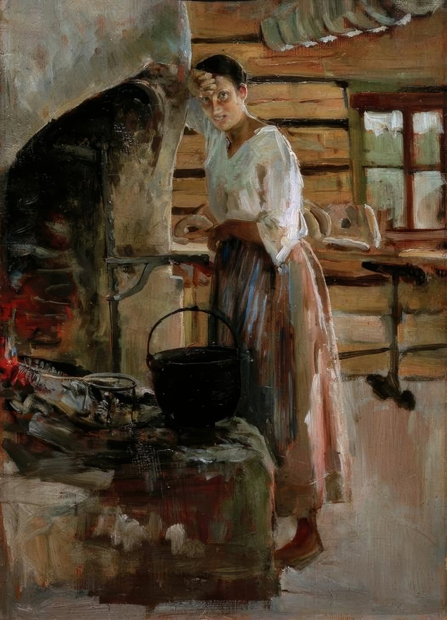 Mujer cocinando maranes de Akseli Valdemar Gallen Kallela