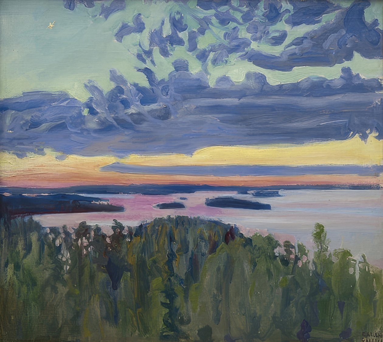 Puesta de sol sobre el lago de Akseli Valdemar Gallen Kallela