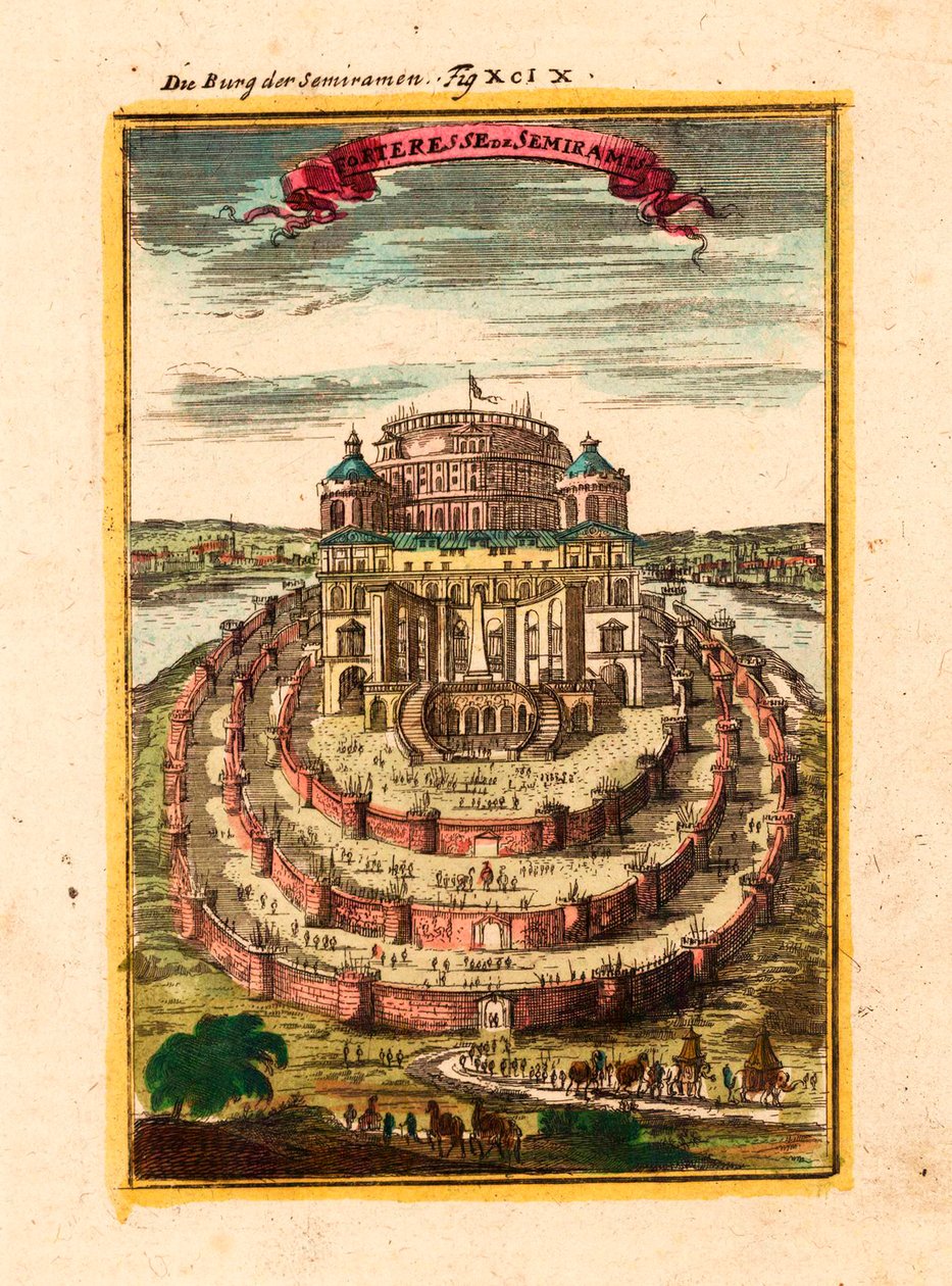 La fortaleza y los jardines colgantes de la legendaria Reina Semiramis en Babilonia - Fortaleza de Semiramis - Grabado en cobre y acuarela de Alain Manesson Mallet (1630-1706) de Alain Manesson Mallet