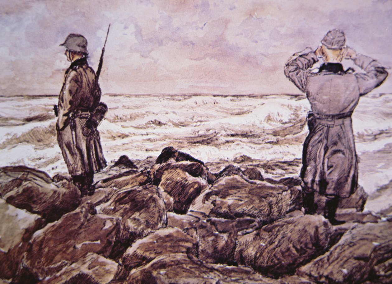 Dos alemanes en la costa de Francia miran hacia Inglaterra en la víspera de la campaña de Normandía de Alban (after) Wolf