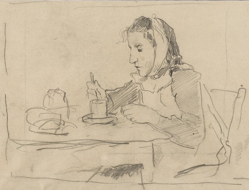 Niña sentada en la mesa con taza de Albert Anker