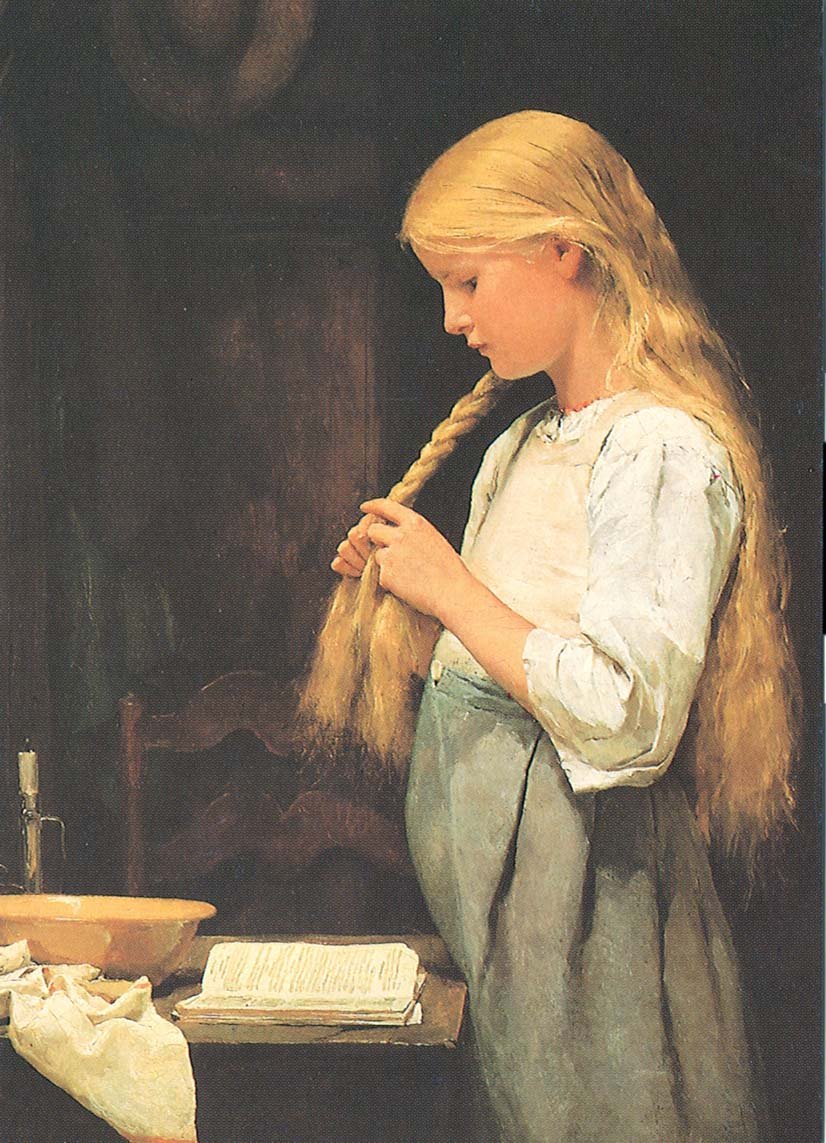 Niña trenzando el cabello de Albert Anker