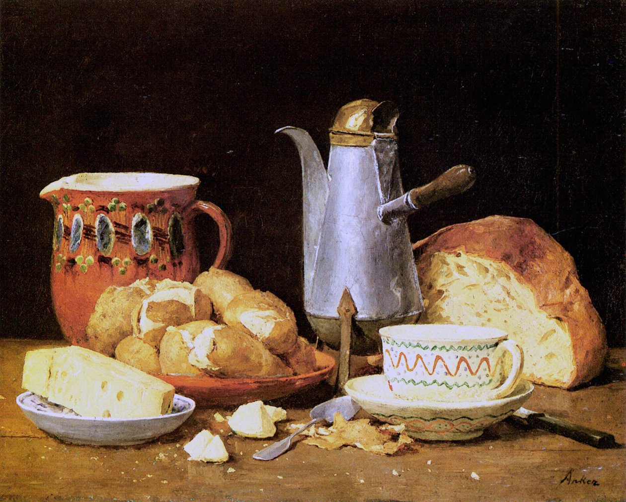 Bodegón con café, pan y patatas de Albert Anker