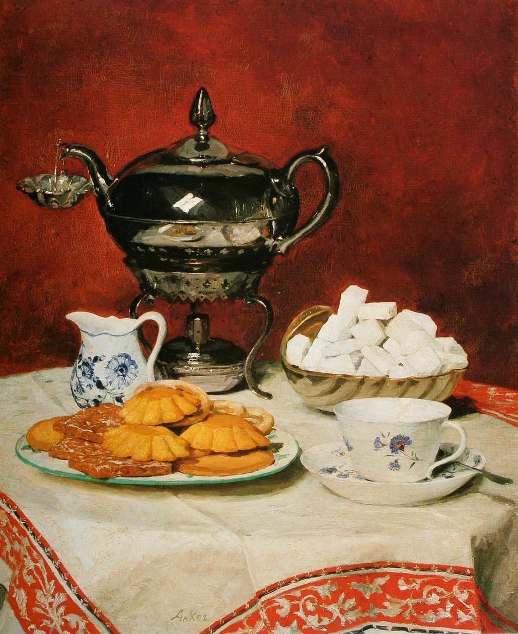 Bodegón con té y panecillos de Albert Anker