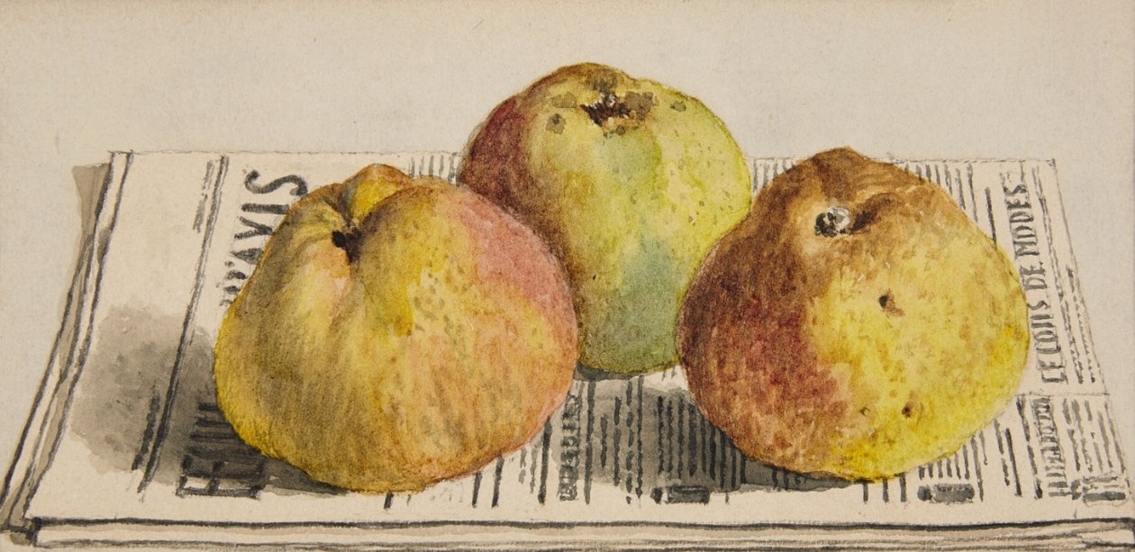 Bodegón con tres manzanas y periódico de Albert Anker