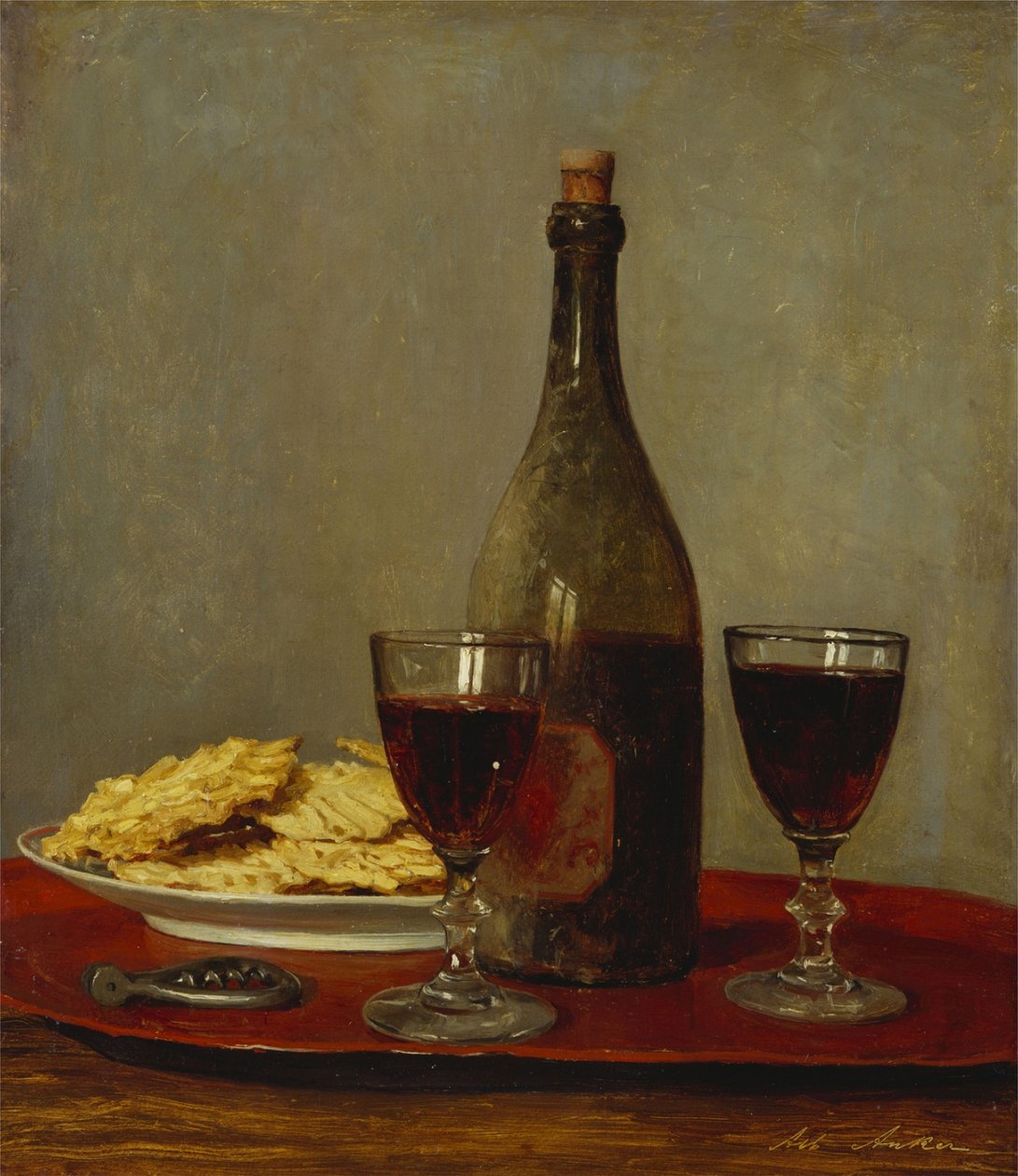 Bodegón con dos copas de vino tinto de Albert Anker