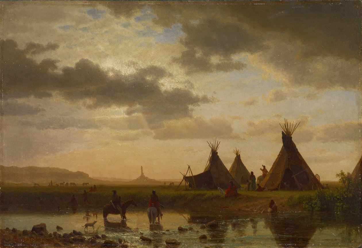 Vista de Chimney Rock, aldea sioux Ohalilah en primer plano de Albert Bierstadt