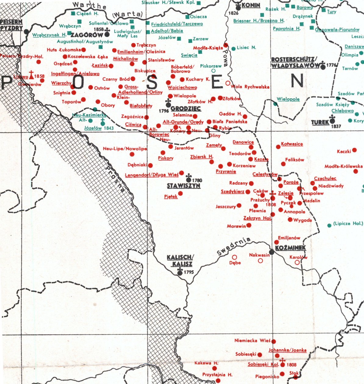 Asentamientos en 1938 entre Kalisch, Władysławów y Turek en 1938 de Albert Breyer