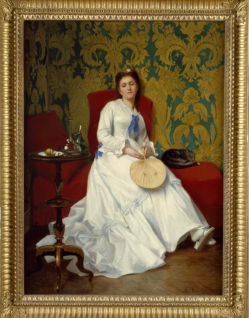 Albert Roosenboom, Dama de blanco con abanico / Pintura, siglo XIX de Albert Roosenboom