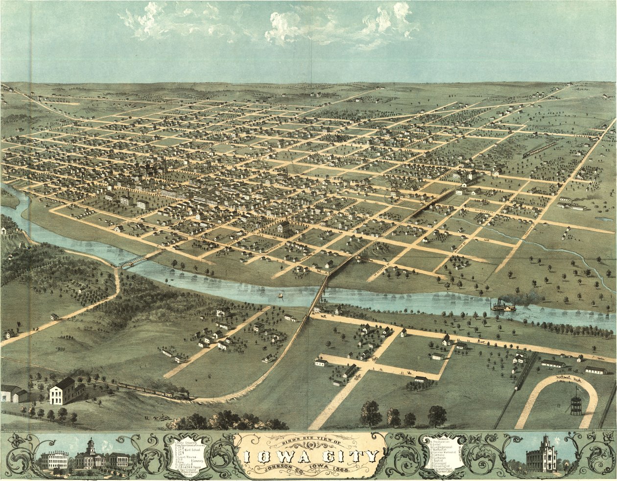 Vista aérea de Iowa City, Iowa en 1868 de Albert Ruger