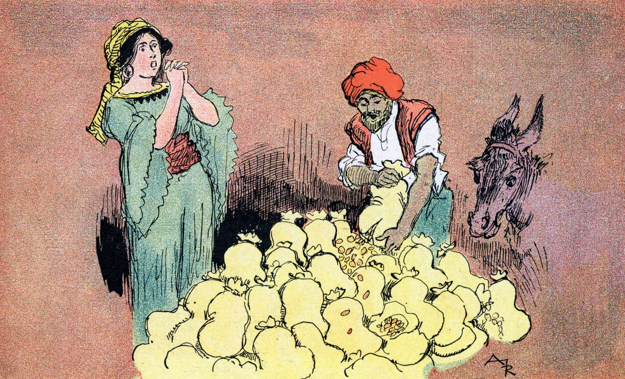 Alí Babá muestra las bolsas de oro a su esposa Ilustración de Albert Robida para Alí Babá y los cuarenta ladrones 1945 Colección particular de Albert (after) Robida