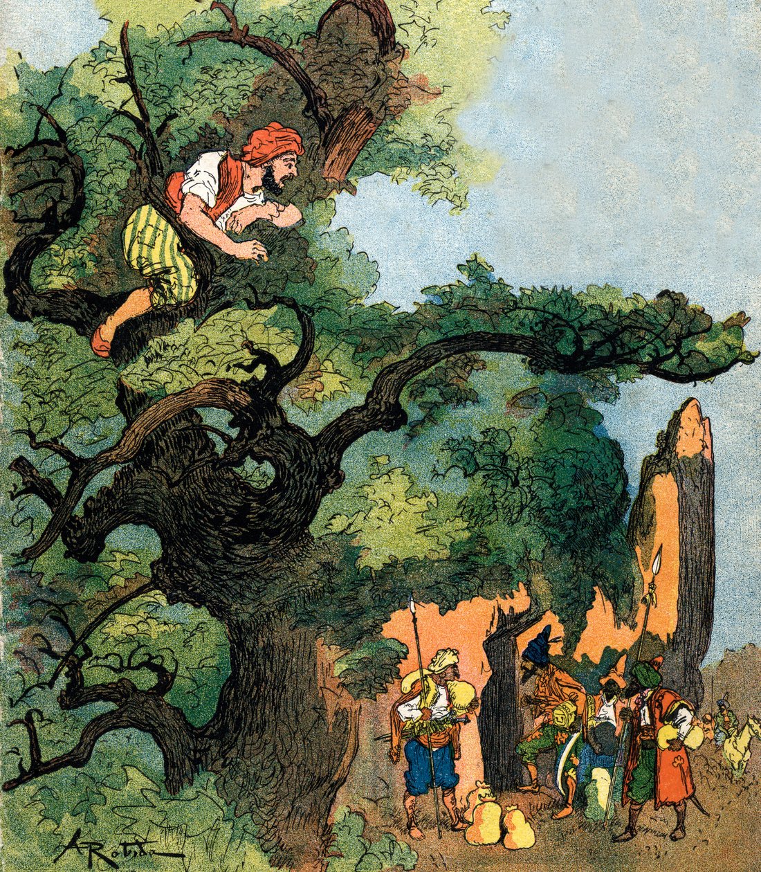 Alí Babá escucha a un grupo de cuarenta ladrones que visitan su almacén de tesoros Ilustración de Albert Robida para Alí Babá y los cuarenta ladrones 1945 Colección privada de Albert (after) Robida