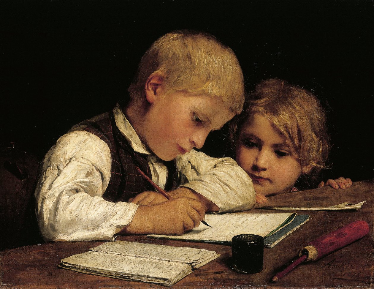 Un Niño Escribiendo; Schreibender Knabe Mit Schwesterchen de Albert Anker
