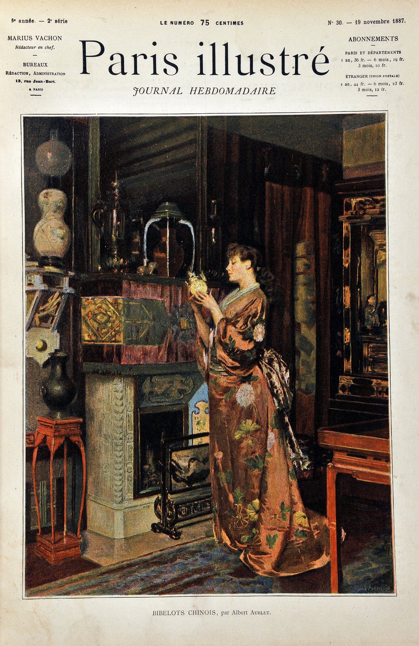 Chucherías chinas. Una mujer europea vestida a la oriental observa su colección de objetos chinos. Ilustración de Albert Aublet (1851-1938). Grabado de 1887 en “Paris-Illustrous journal weekly” de Albert Aublet