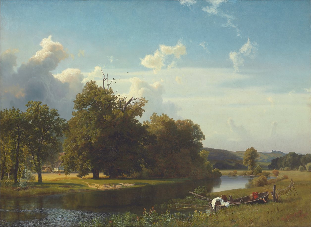 Un paisaje fluvial, Westfalia, 1855 de Albert Bierstadt