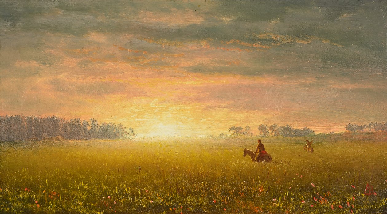 Puesta de sol en las praderas, c.1861 (óleo sobre papel) de Albert Bierstadt