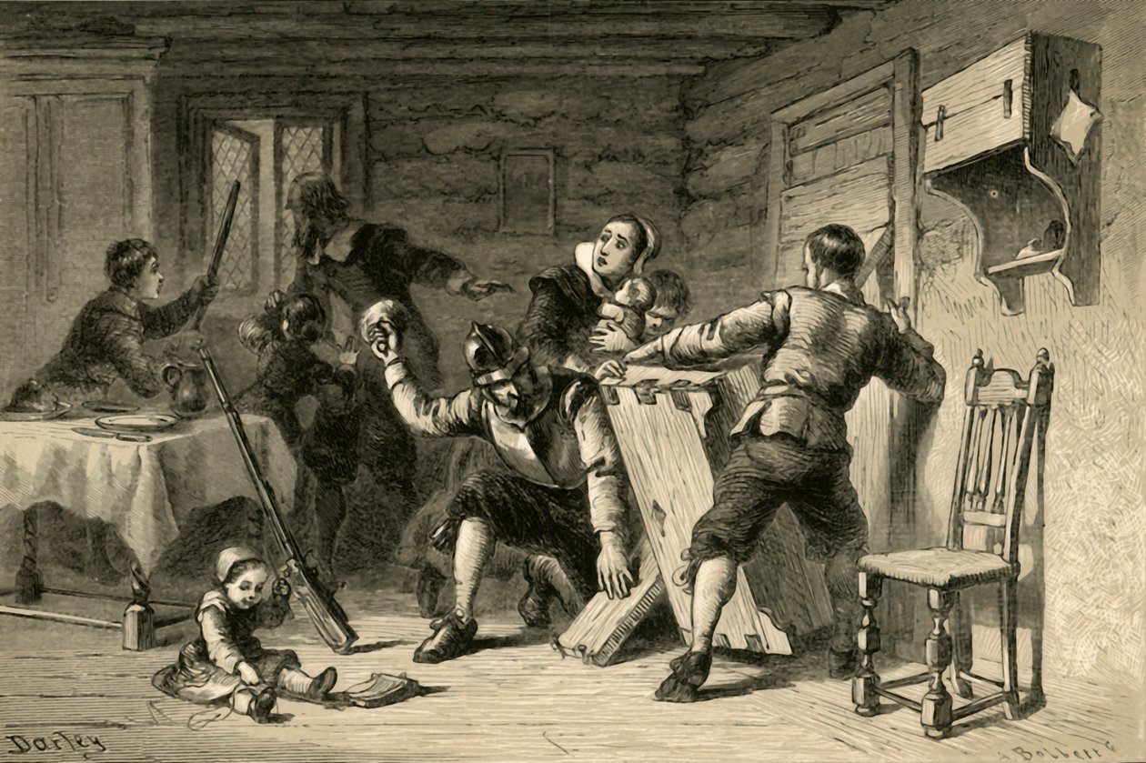 Puritanos atrincherando su casa contra los indios, 1877 de Albert Bobbett