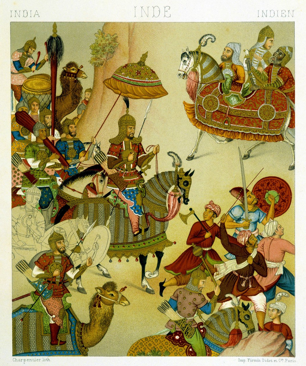 Trajes de guerra del siglo XVI en India. Lámina cromolitográfica - en "Le costume historique" por Racinet de Albert Charles August Racinet
