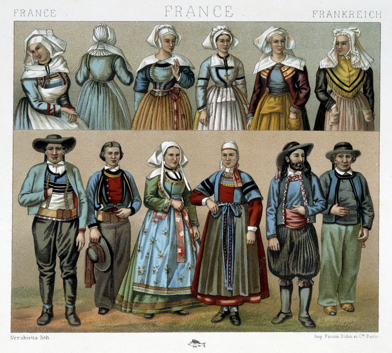 Trajes bretones del siglo XIX - en "Le costume ancien et historique" por Racinet de Albert Charles August Racinet