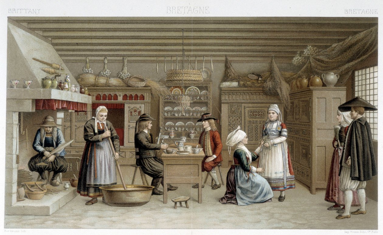 Trajes bretones del siglo XIX e interior - en “Le costume ancien et historique” de Racinet de Albert Charles August Racinet