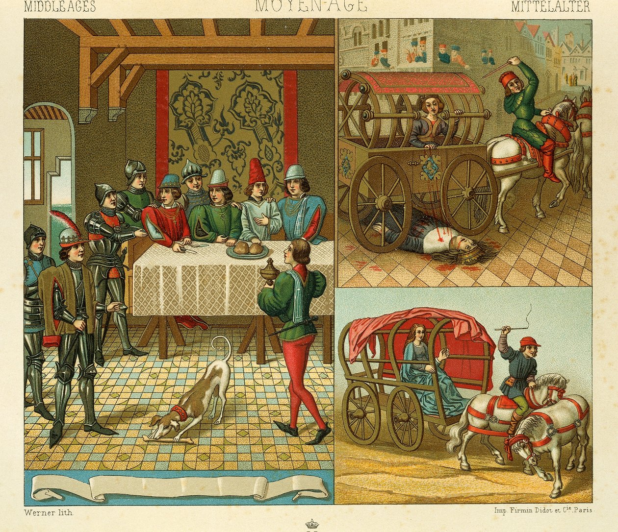 Vida en el castillo y medios de transporte en el siglo XIV, Ilustración de La Historia Completa del Traje de Auguste Racinet de Albert Charles August Racinet