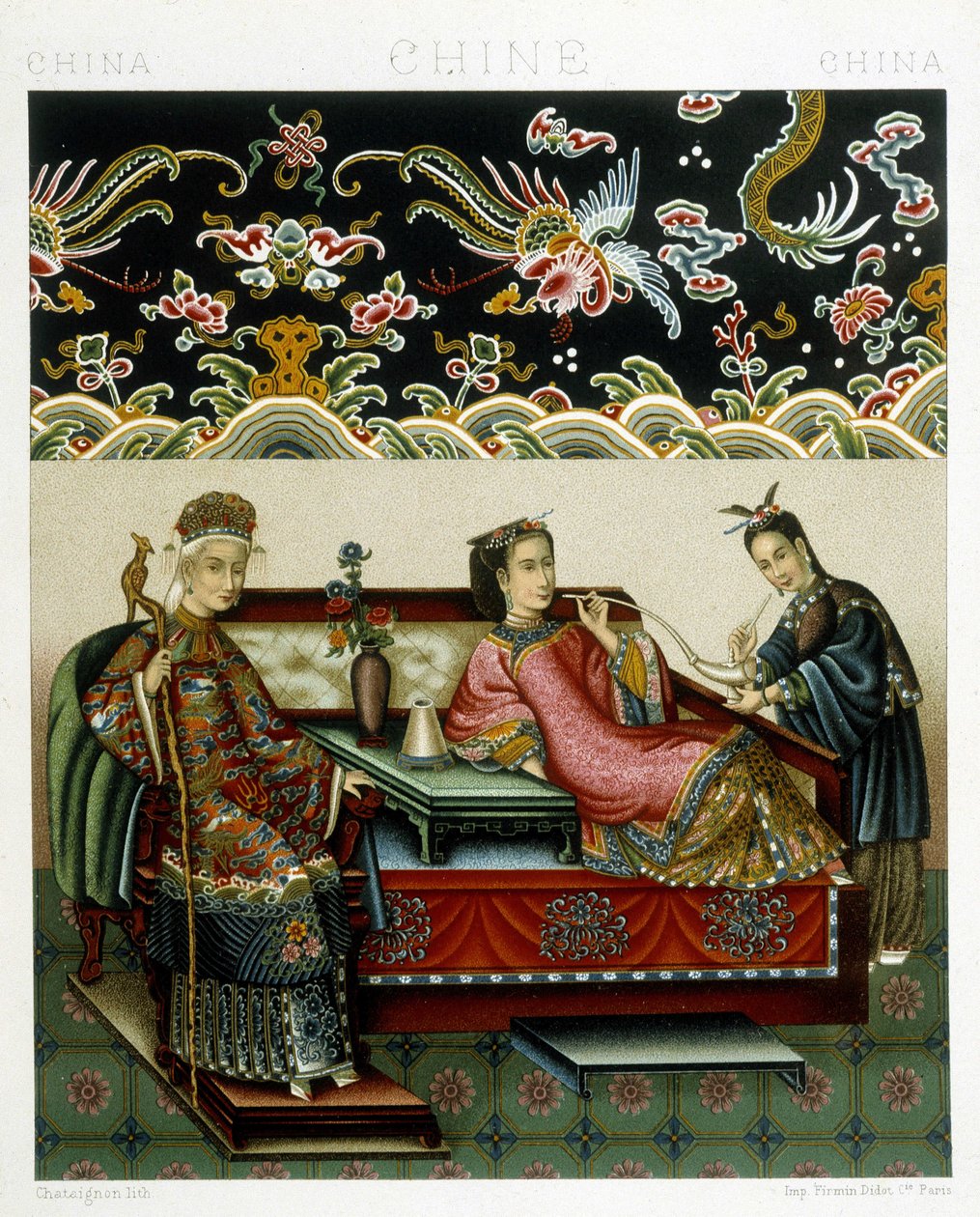 Traje de la emperatriz china. Placa cromolitográfica - en "El traje histórico" de Racinet de Albert Charles August Racinet