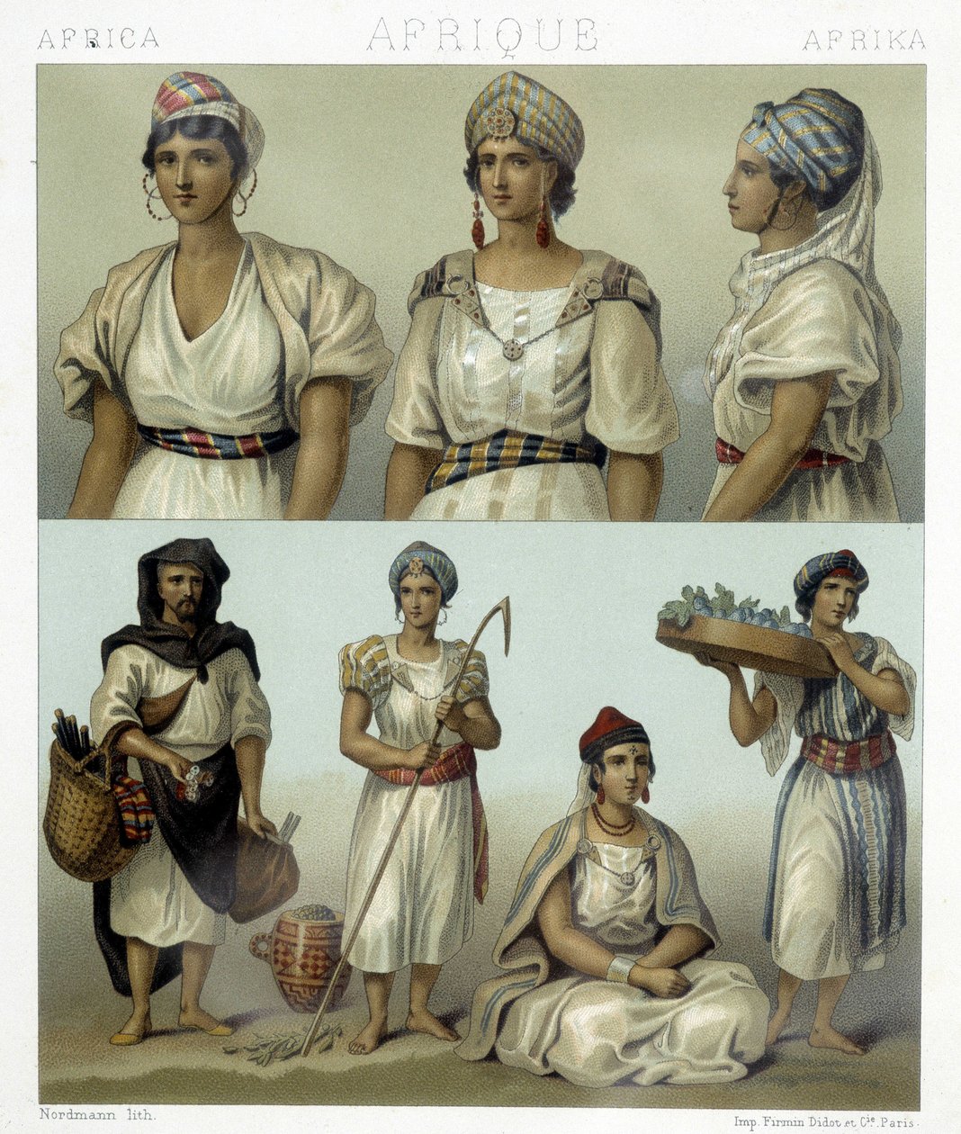 Trajes y tocados de mujeres kabyl (parte superior). Trajes tunecinos y argelinos (parte inferior). Ilustración en "El traje histórico" de Racinet de Albert Charles August Racinet