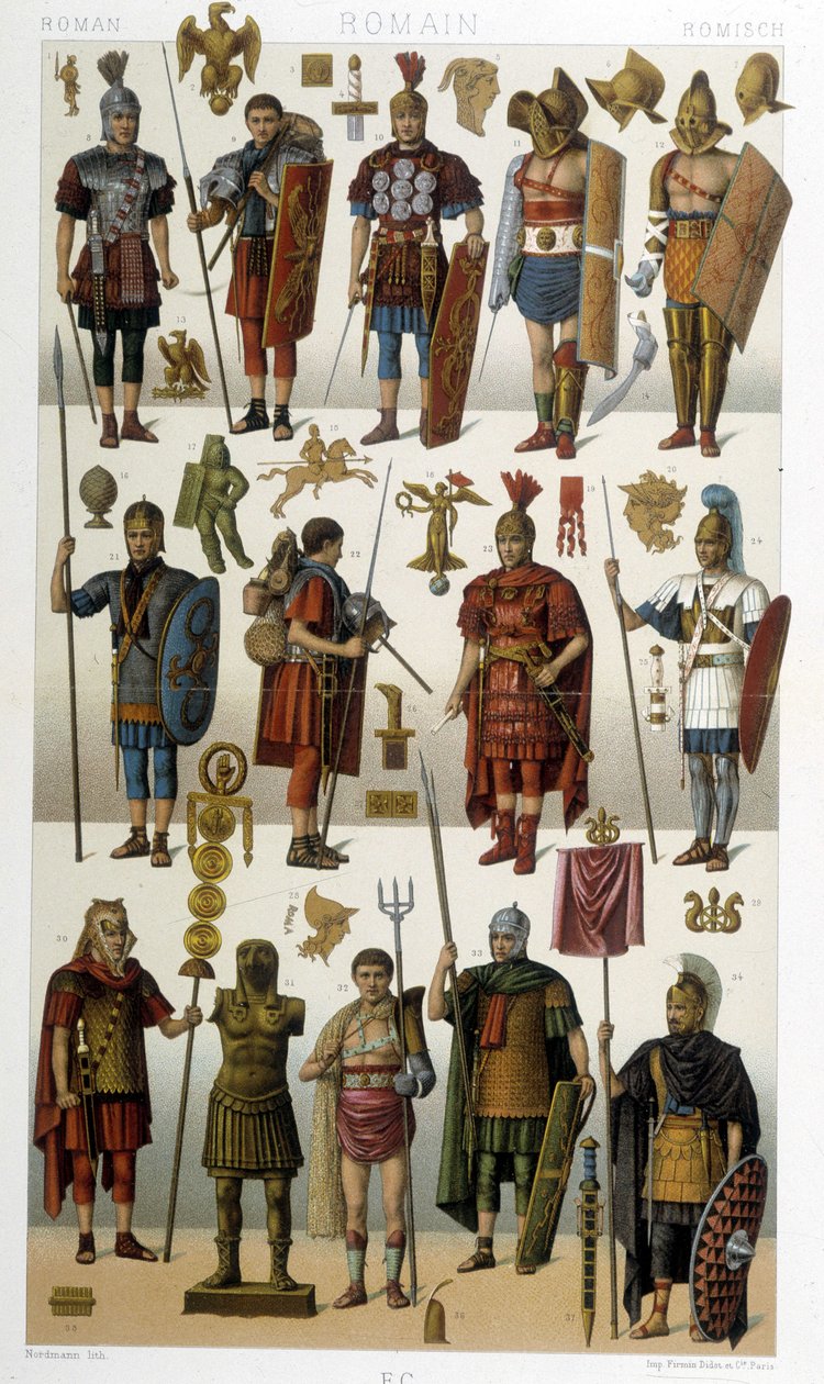 Trajes, armaduras y armas de soldados romanos, guerreros y gladiadores de la antigüedad - en “El traje histórico” de Racinet de Albert Charles August Racinet